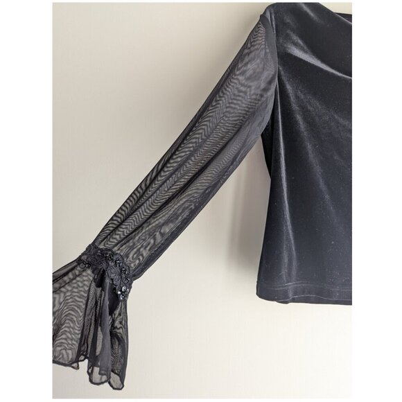 Ronnie Nicole Velvet Sheer Embroidered Mesh Sleeve Cowl Neck top - Picture 3 of 7